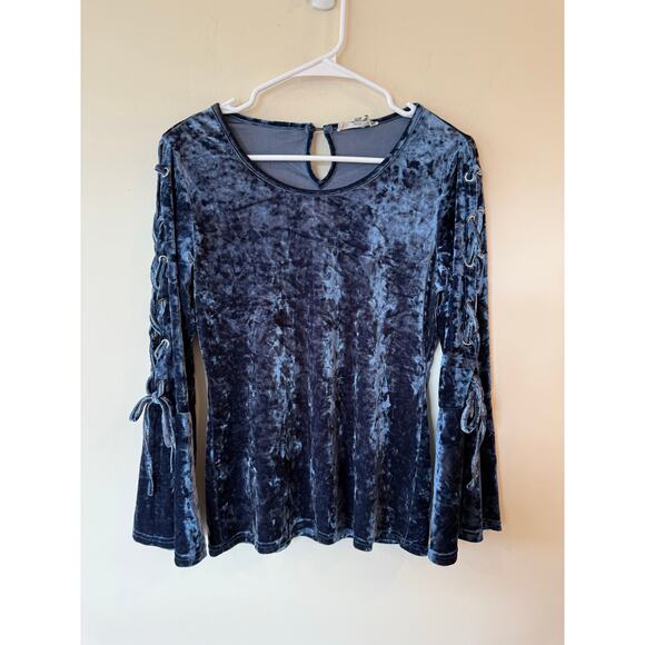 Liquid by Sioni Velvet Top Women Small Blue Stretch Tie Bell Sleeve Keyhole Back - Picture 1 of 9